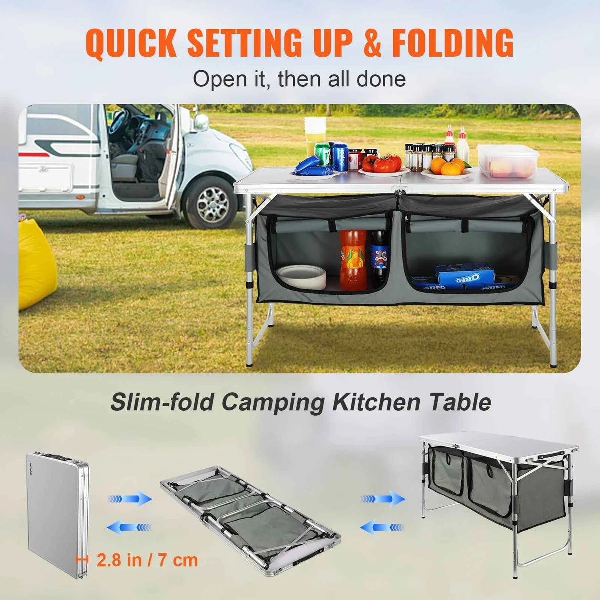Folding Camping Kitchen Table – 3 Adjustable Heights | MDF Top 47.2" | Aluminum Frame | Quick Setup | No Tools