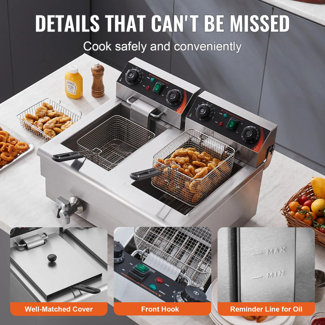 SucceBuy 12L Electric Deep Fryer w/Dual Removable Tanks Commercial Countertop Fryer for Chicken French Fries Frying Chips