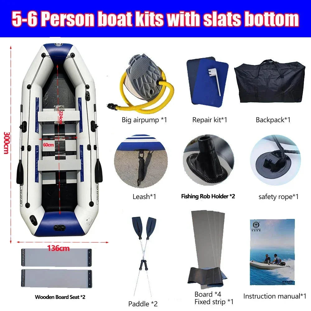 1.75-3.3m PVC Inflatable Kayak Fishing Boat with Slats Bottom for 1~6 Persons Canoeing Outdoor Water Sports Vacation Accessory