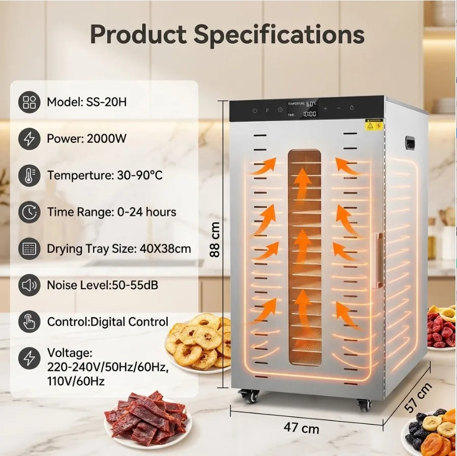 2000W Commercial Food Dehydrator 20 Trays Stainless Steel Jerky Maker 110V 220V Meat Fruit Dryer Machine 30-90℃ Pet Treat