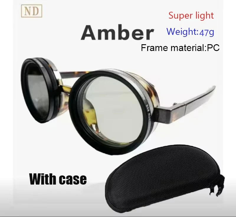 lafforgue ND9 Adjustable Dimming Steampunk Sunglasses – 9-Level ND Filter, Leather Side Shields, UV400, Unisex