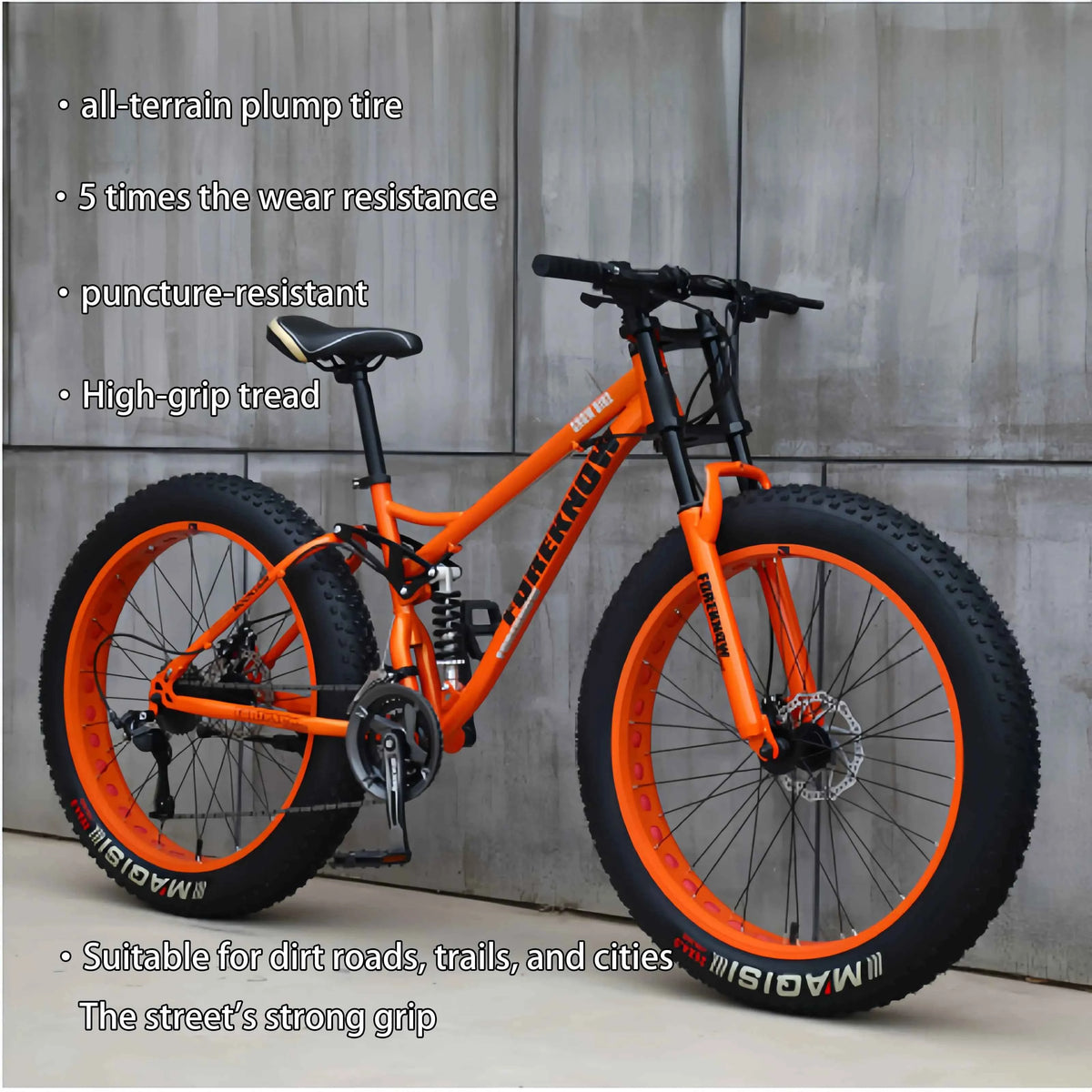 Fat Tire Mountain Bike – 4.0" Wide Tires, Soft-Tail Frame, Double Disc Brakes, 7–27 Speed, 24" or 26" Wheel, Unisex