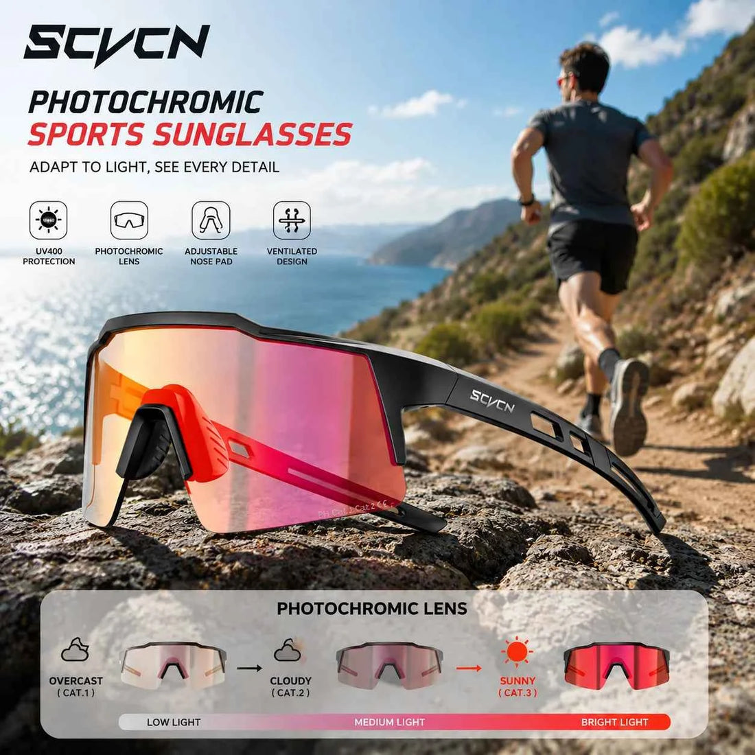 Photochromic Sports Sunglasses – Cycling, Hiking, MTB & Driving | UV Protection | Unisex | 12 Lens Options