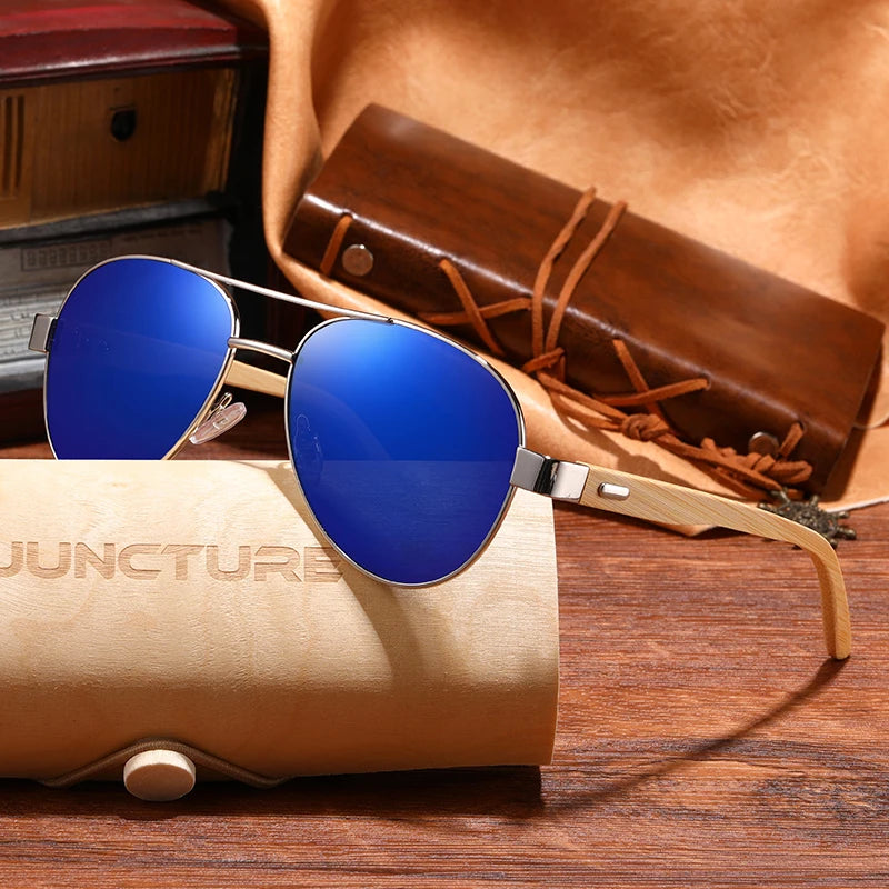 JUNCTURE KP1510 Wood & Metal Pilot Sunglasses – Mirror UV400, Unisex