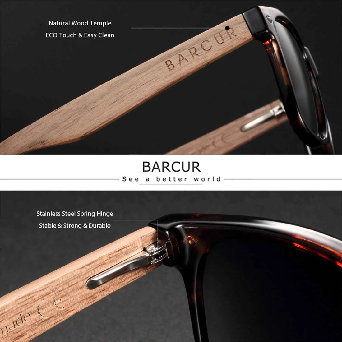 BARCUR Black Walnut Wood Polarized Sunglasses – UV400 Oval Frame, Unisex