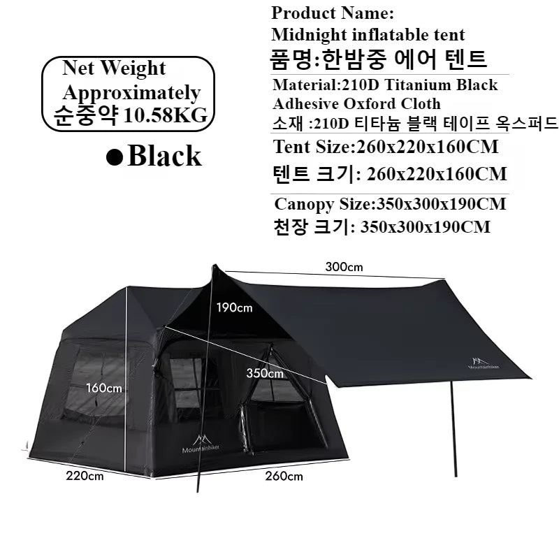 MOUNTAINHIKER Midnight Inflatable Tent – 3–5 Person | Four-Season | 1 Bedroom + Living Room | >3000mm Waterproof | Anti-UV | Black & Khaki