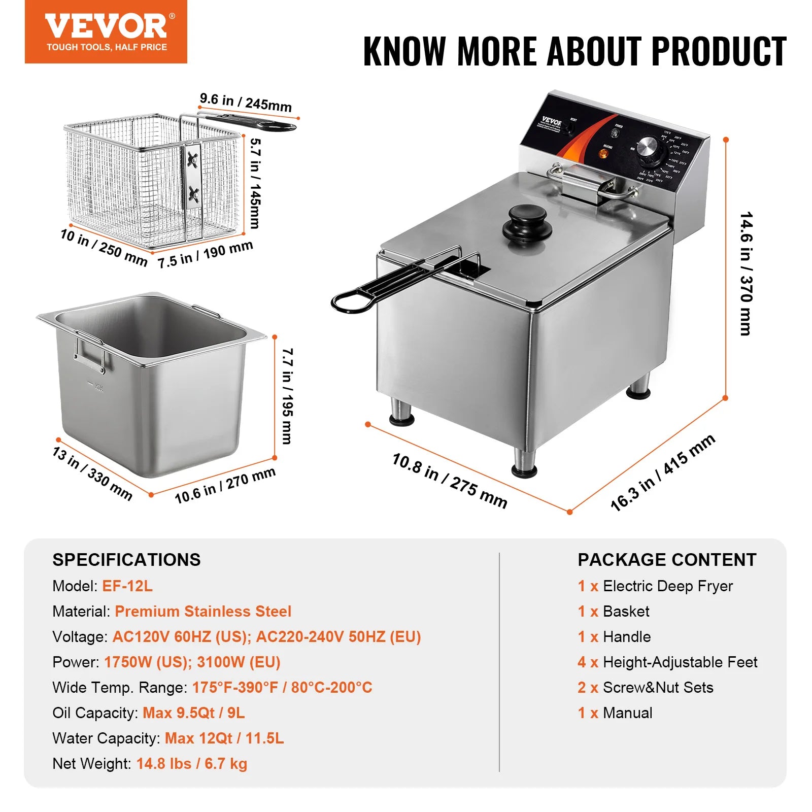 Commercial Deep Fryer Electric Countertop Fryer with Basket 11.6Qt Stainless Steel Single Oil Fryer w/Time&Temp Control