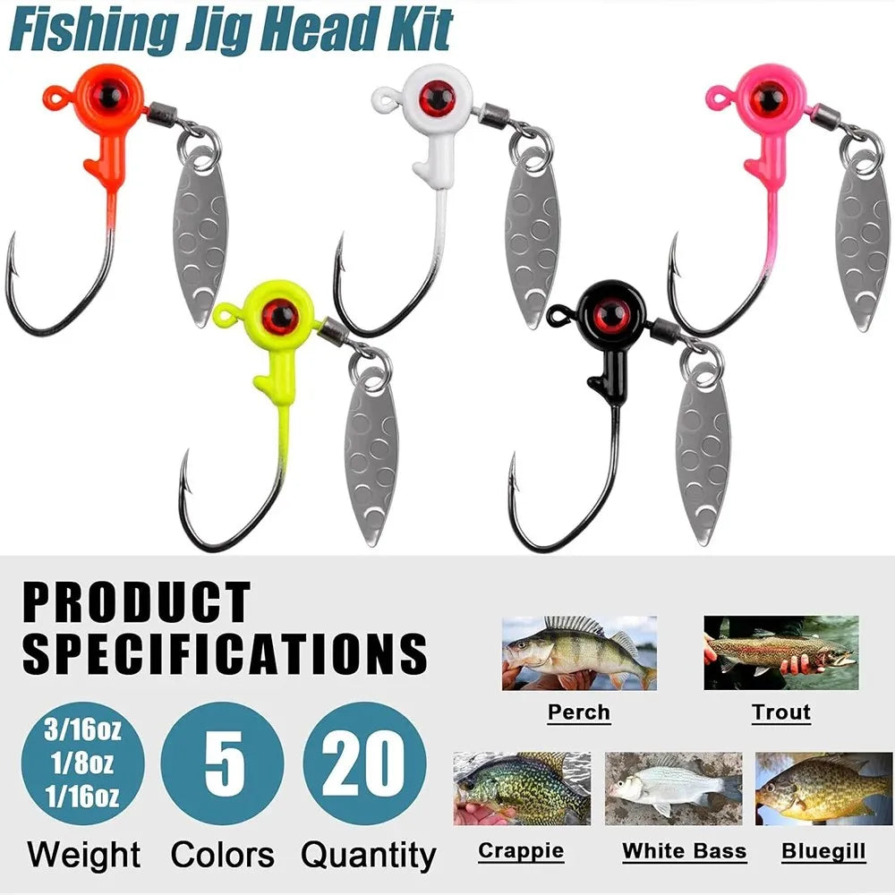 Shaddock Fishing Underspin Jig Heads with Willow Spinner Blade – Lead & Carbon Steel, 1/16–3/16 oz, 20 Pcs