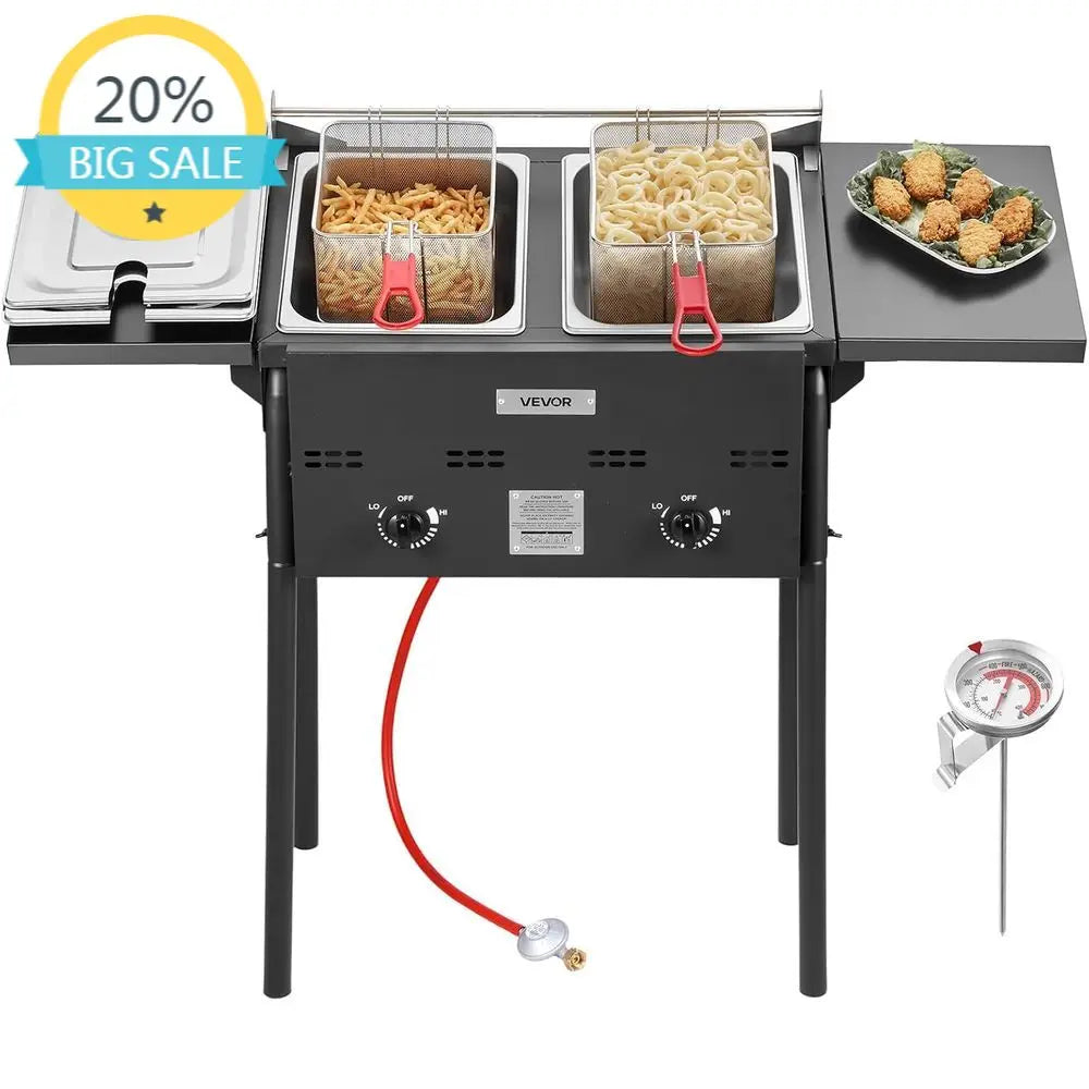 Commercial Double Burner Outdoor Propane Fryer with 16 Qt Stainless Steel Pots, Removable Baskets, Lids, and Tanks for Cooking