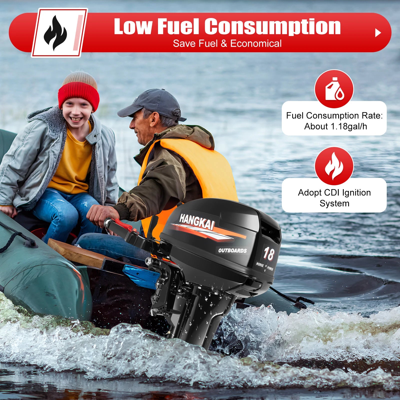 HangKai 18HP Outboard Motor, 2 Stroke 246CC Heavy Duty Outboard Boat Water Cooled Engine with CDI Ignition System Long Shaft