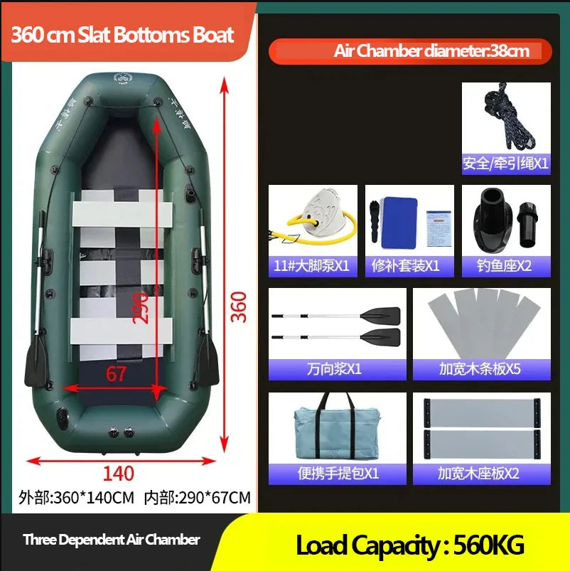 1.75~3.6m Green Fishing Kayak PVC Inflatable Boat with Air Deck Bottoms Set Fishing Boat Raft Rubber Dinghy Inflatable Clip Net