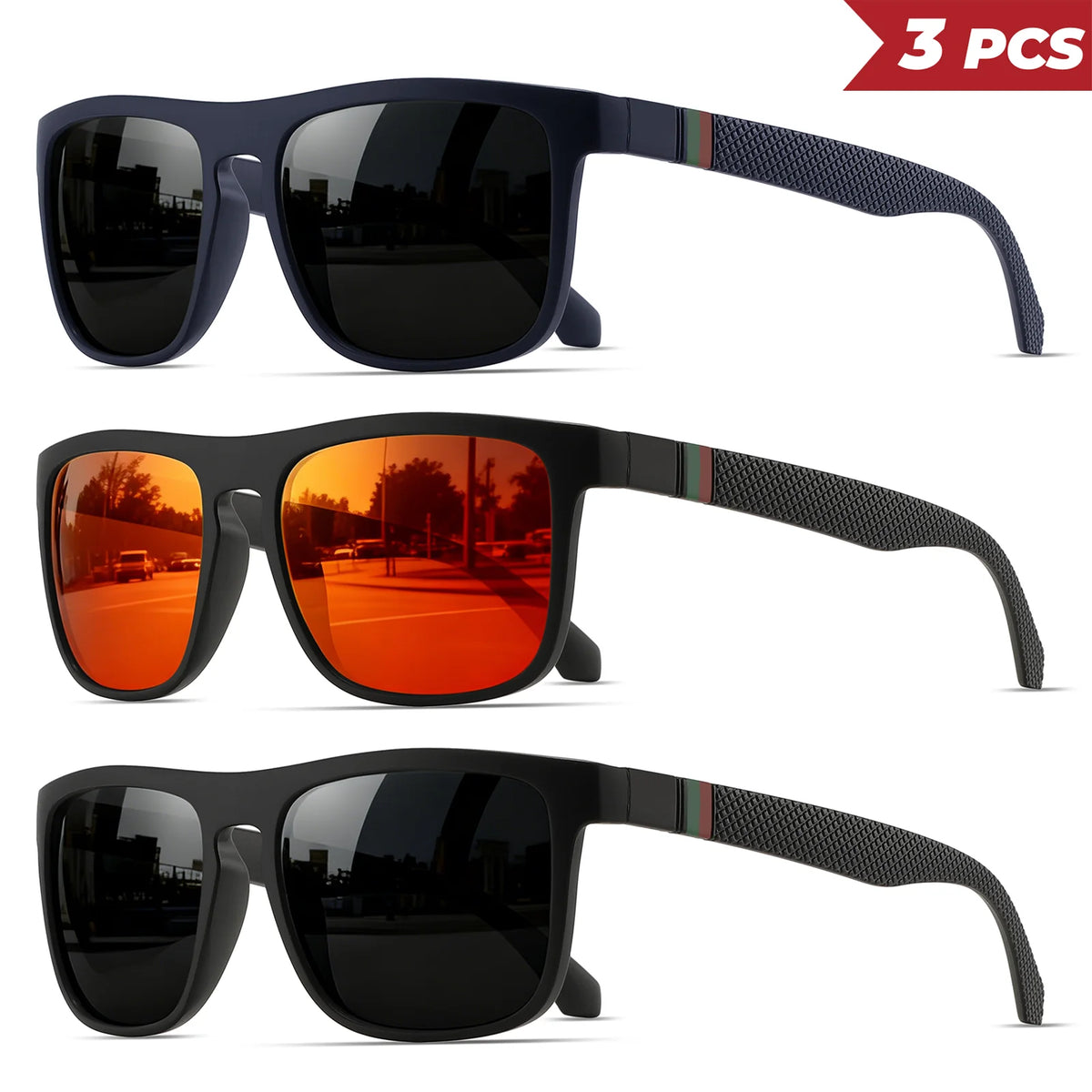 3-Pack Retro Polarized Sunglasses – Stripe Temples, Mirror UV400, Square, Unisex