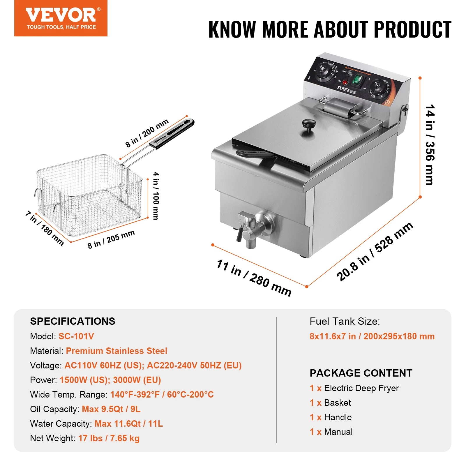 Commercial Deep Fryer Electric Countertop Fryer with Basket 11.6Qt Stainless Steel Single Oil Fryer w/Time&Temp Control