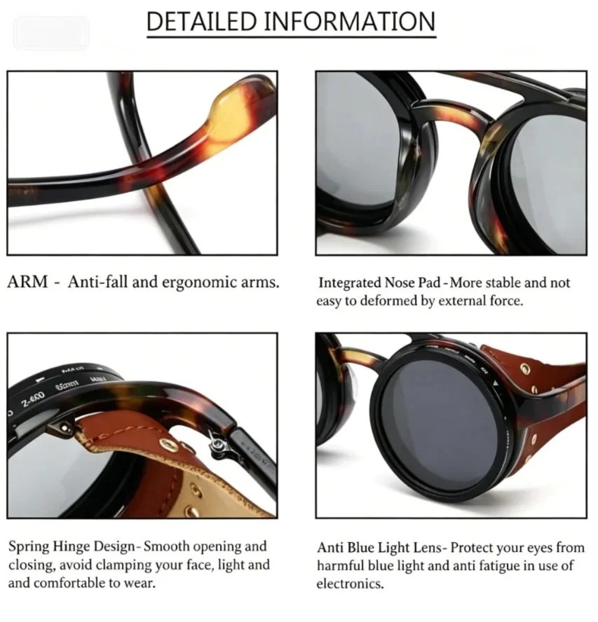 lafforgue ND9 Adjustable Dimming Steampunk Sunglasses – 9-Level ND Filter, Leather Side Shields, UV400, Unisex