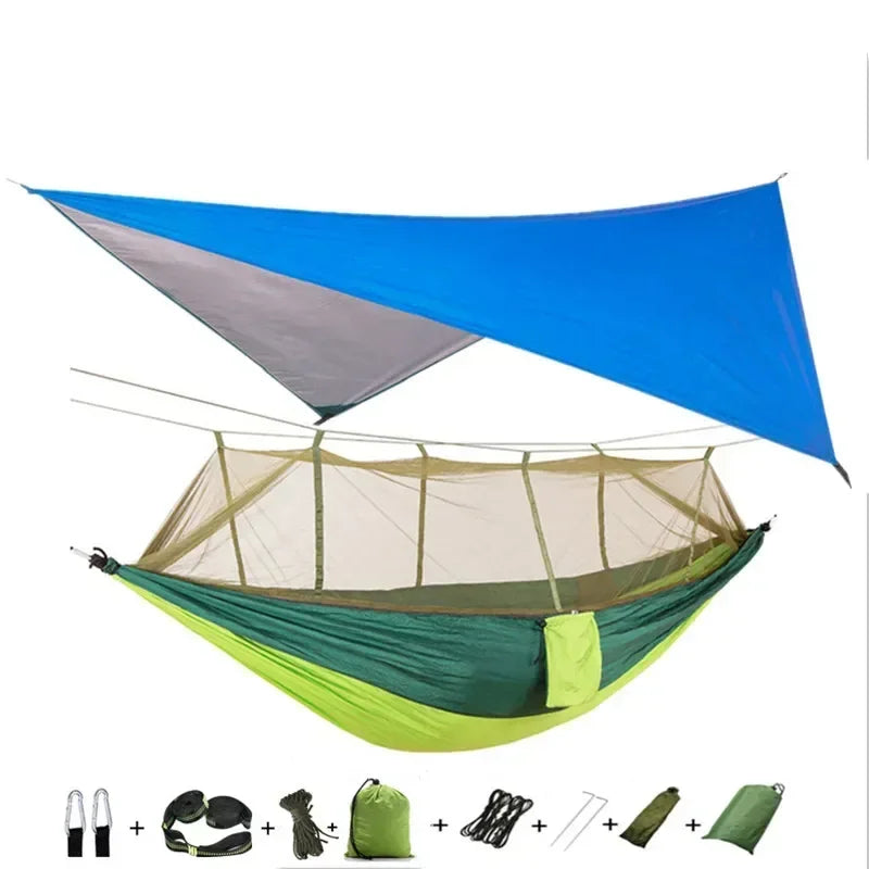 Double Camping Hammock with Mosquito Net, Rain Fly & Tree Straps – 2 Person | 210T Nylon | 600 lb | 3000mm Rainfly