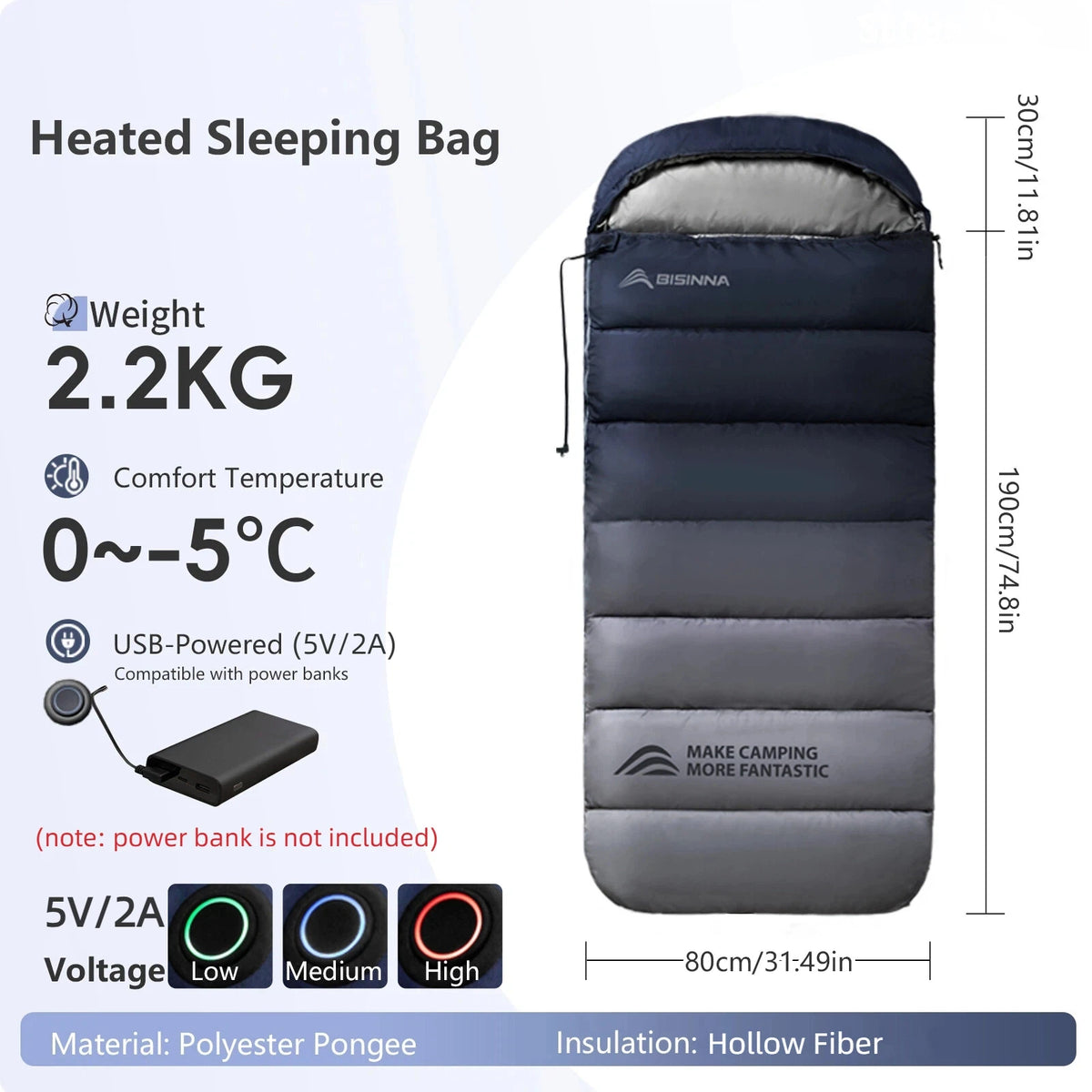 Bisinna SL096 Heated Sleeping Bag – USB Electric, 3-Heat Zones, 0°C to -10°C, Hooded Envelope, Adult