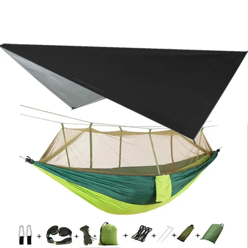 Double Camping Hammock with Mosquito Net, Rain Fly & Tree Straps – 2 Person | 210T Nylon | 600 lb | 3000mm Rainfly
