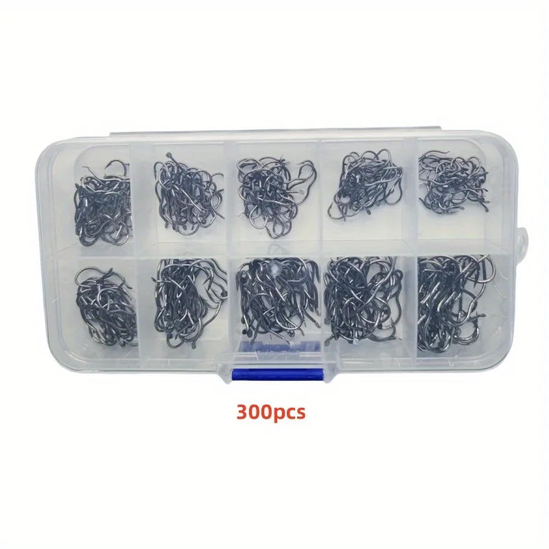 300/500 carbon steel fishing hook set, including sizes 3-12, with barbed sharp hooks