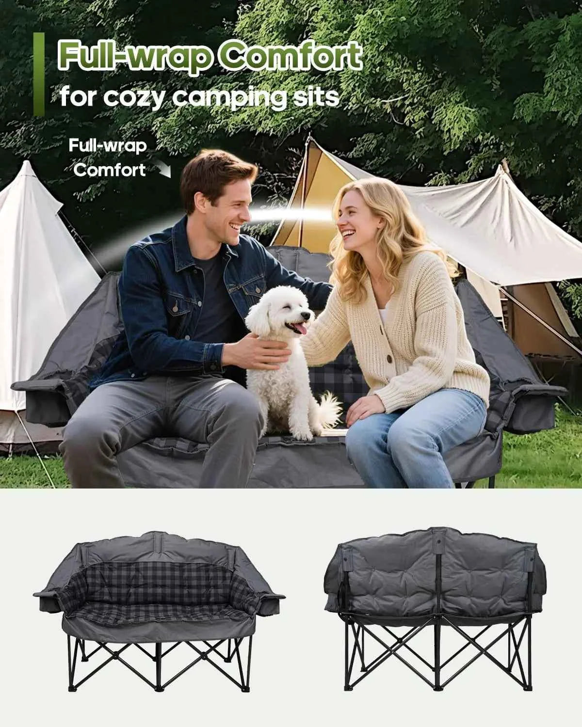 Padded Double Camping Chair Loveseat Couch With 2 In 1 Carry Bag, Gray | Oversized 2 Person Camping Chairs Heavy Duty Folding