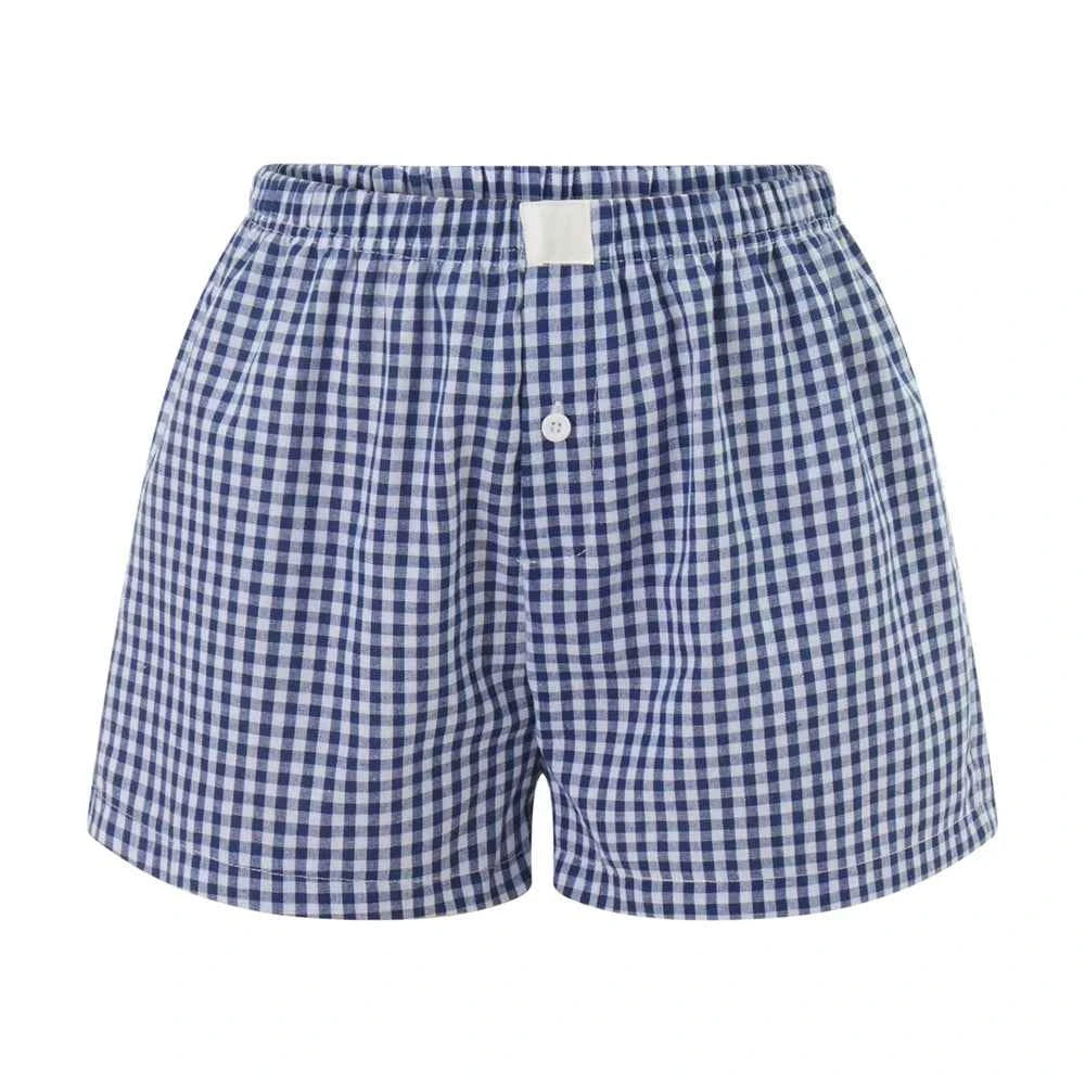 Women’s Y2K Retro Cleanfit Plaid Print Elastic Low Waist Button Front Aesthetic Loungewear Loose Shorts Boxers Streetwear