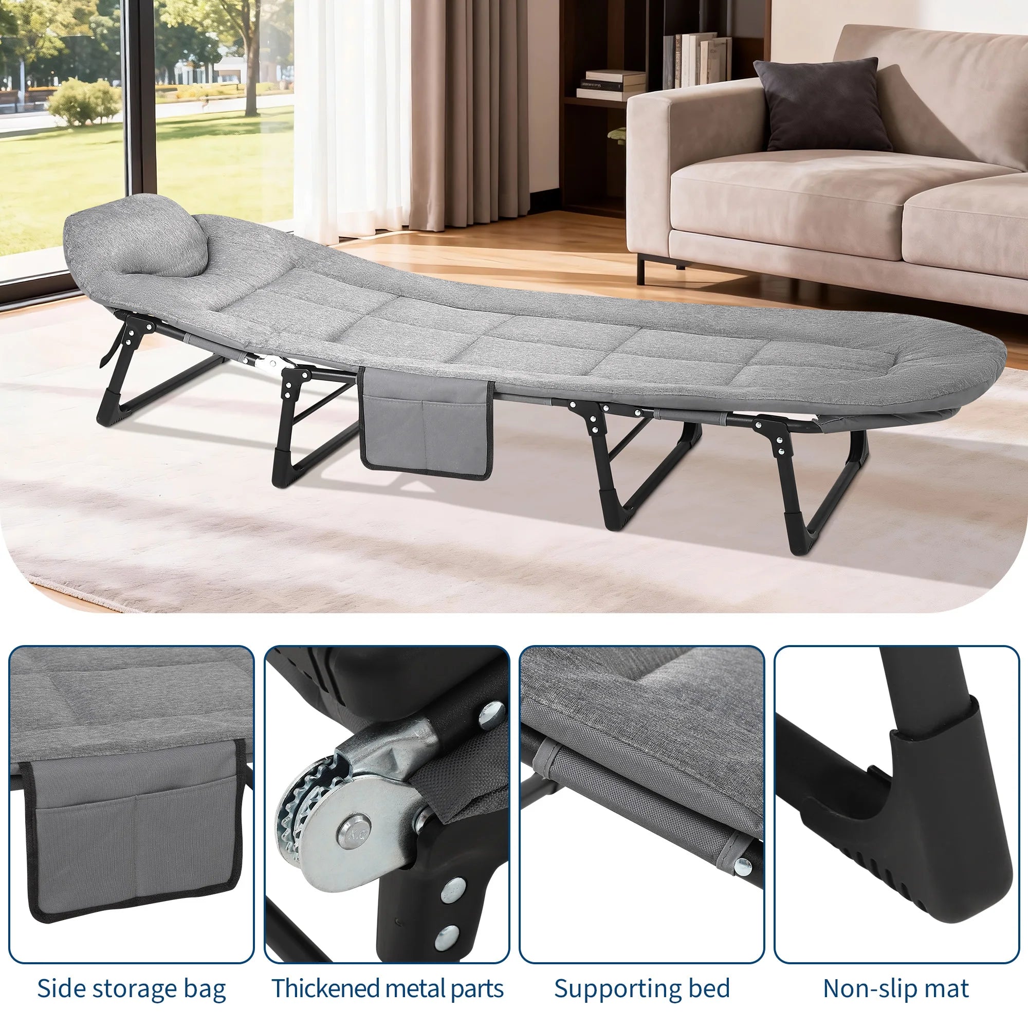 Portable Folding Bed with Cushion and Pillow, Camping Tent Cot for Adults with Supports 500 Lbs for Patio Beach Indoor Outdoor