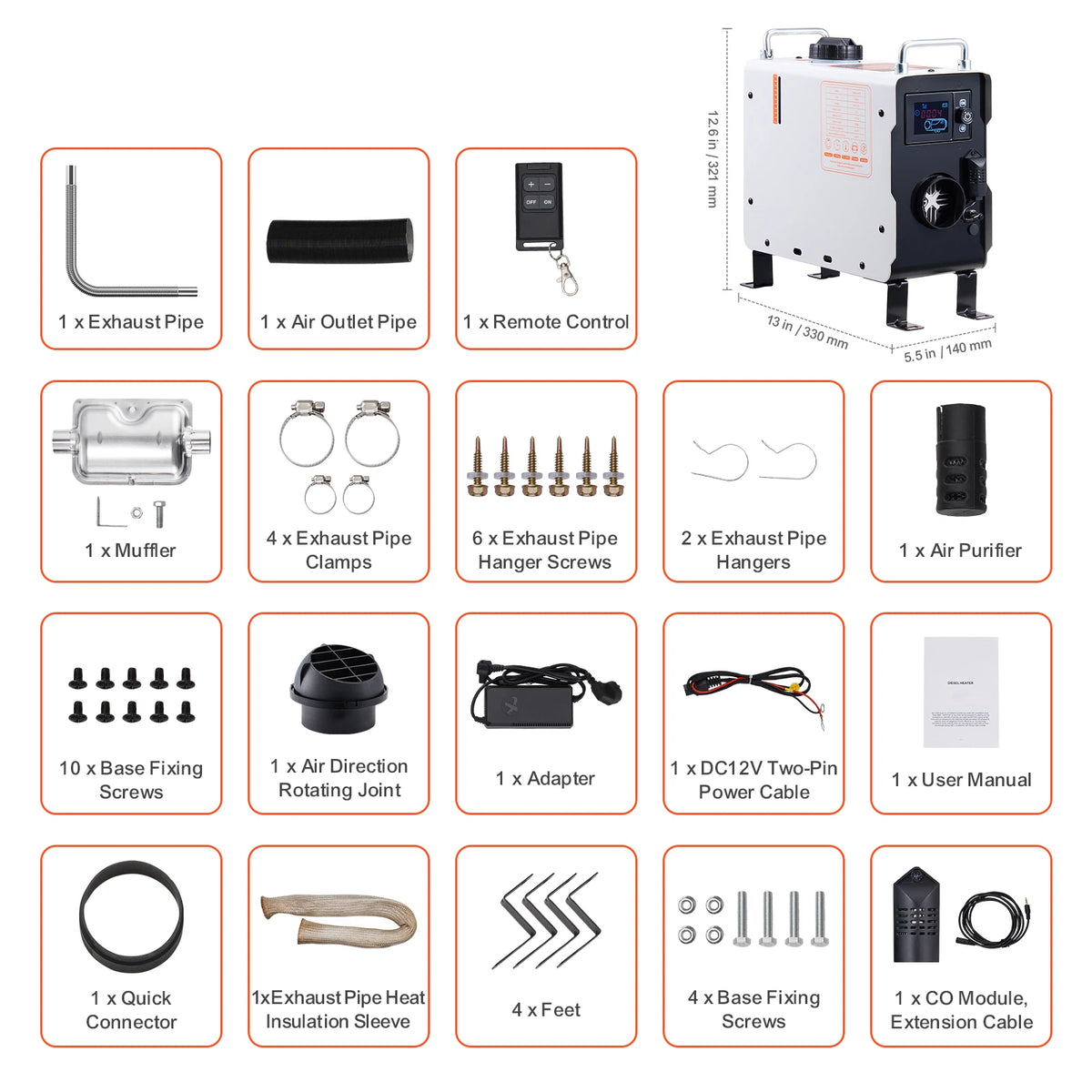 2kW Diesel Air Heater with Bluetooth, Remote & Display | CO Alarm | DC 12–24V | RV, Truck, Cabin & Camping