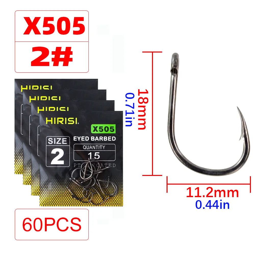 Hirisi X505 PTFE-Coated High Carbon Steel Barbed Carp Hooks – Long Shank, Sizes