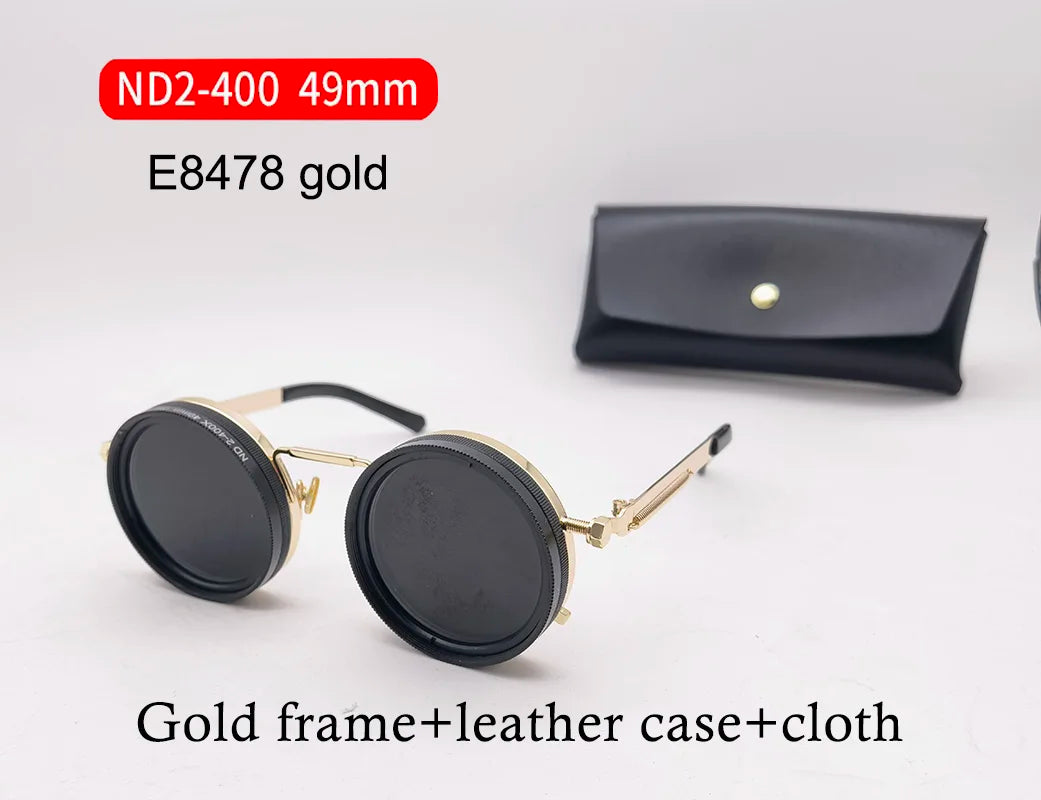 lafforgue ND9 Adjustable Dimming Steampunk Sunglasses – 9-Level ND Filter, Leather Side Shields, UV400, Unisex