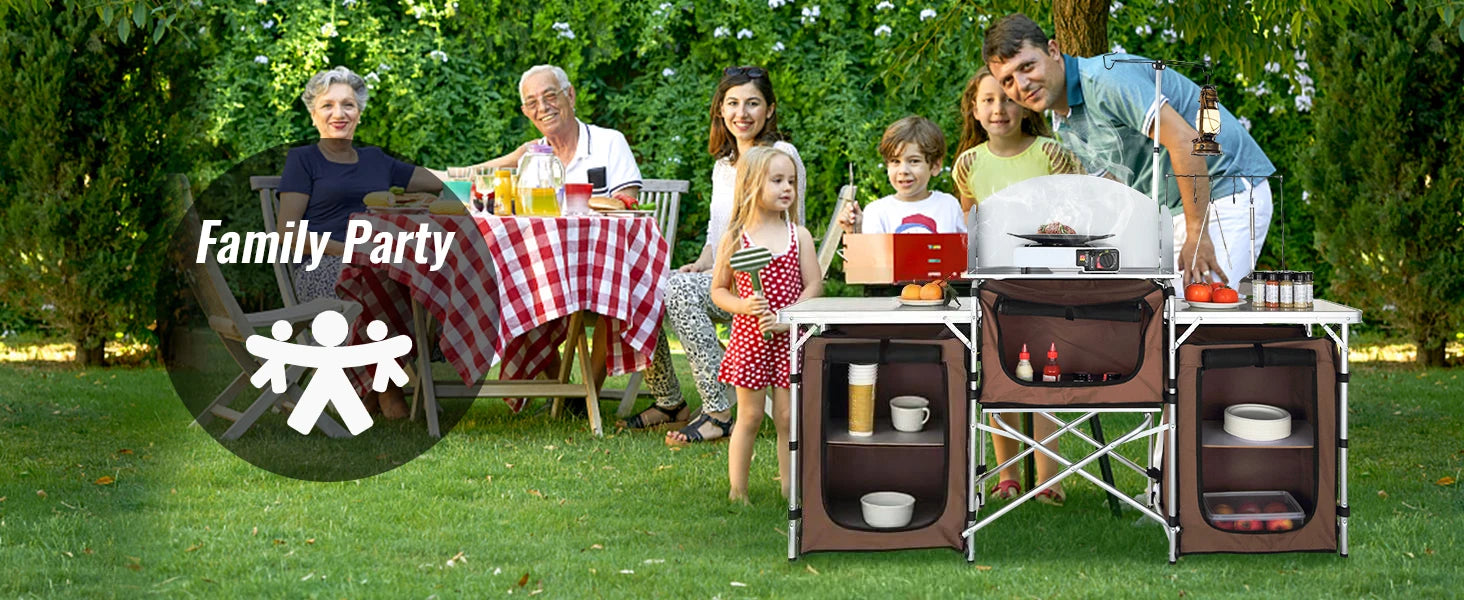 Premium Folding Camp Kitchen Table with Cabinet & Windscreen | Aluminum + MDF