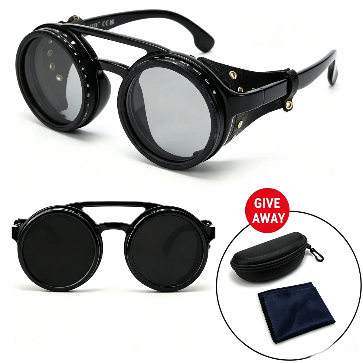 lafforgue ND9 Adjustable Dimming Steampunk Sunglasses – 9-Level ND Filter, Leather Side Shields, UV400, Unisex