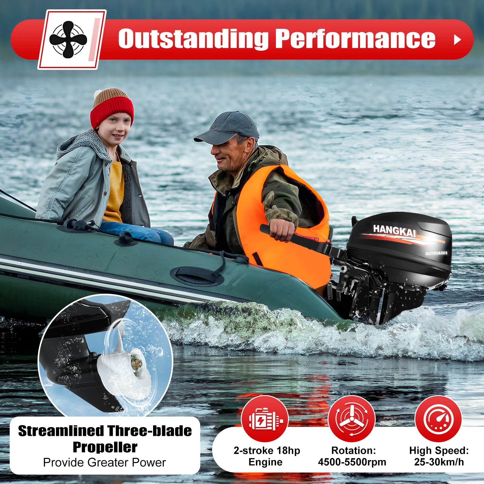HangKai 18HP Outboard Motor, 2 Stroke 246CC Heavy Duty Outboard Boat Water Cooled Engine with CDI Ignition System Long Shaft