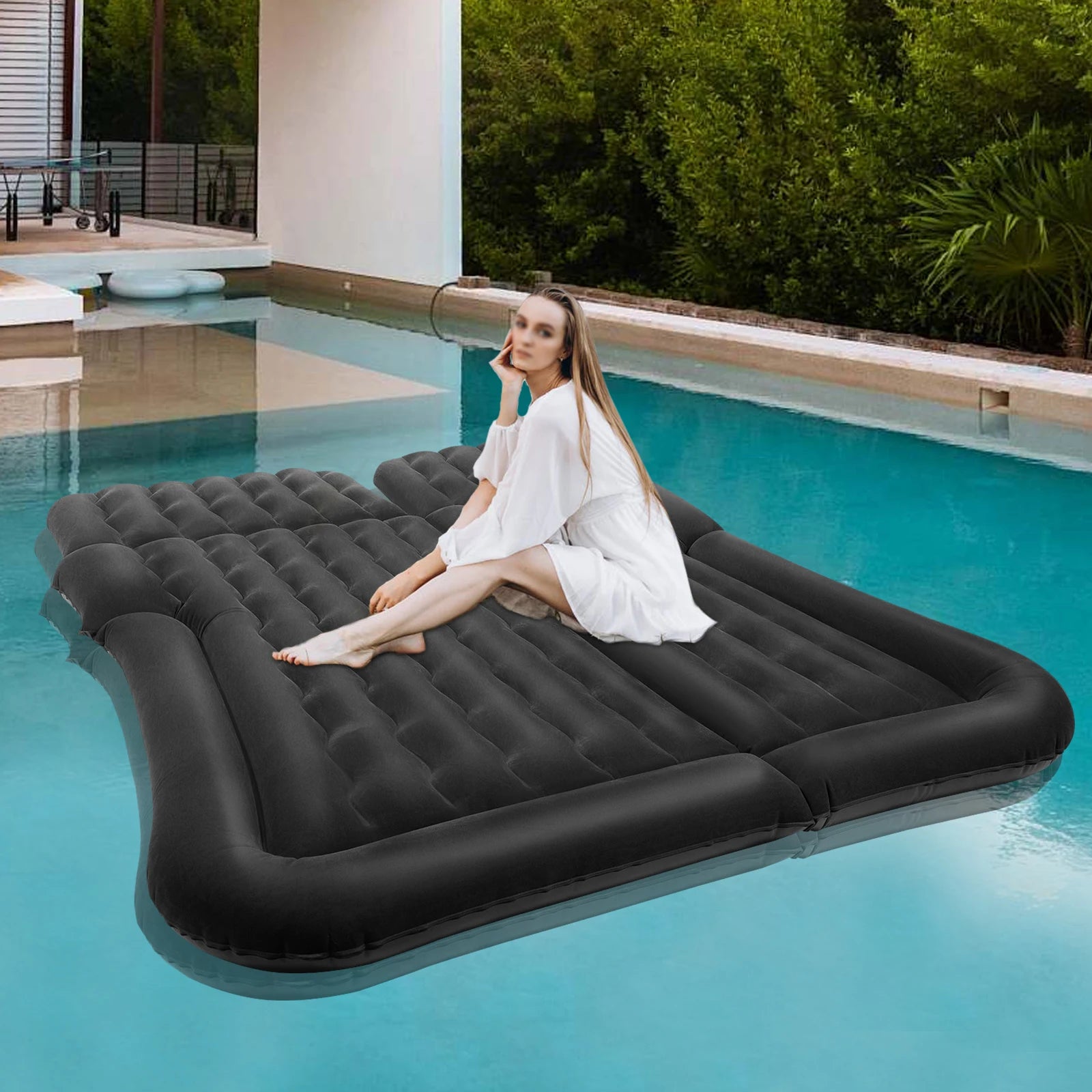 Universal Inflatable Car Bed Mattress Set w Air Pump Foldable Flocking Air Cushion for Trunk Back Seat Camping Travel Sleeping