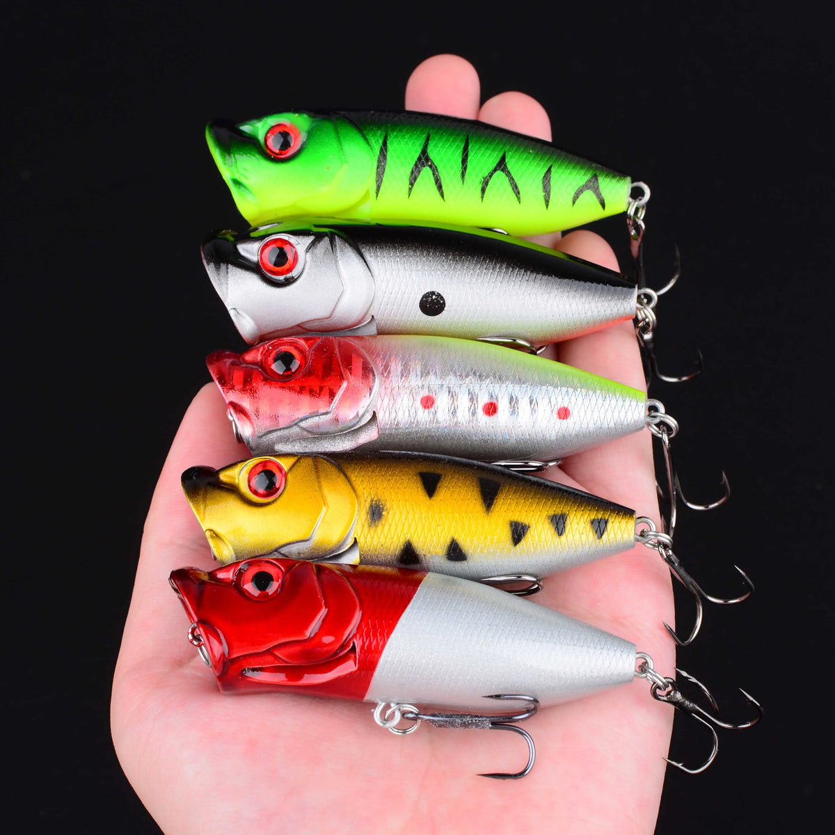 5pc Popper Floating Hard Bait Fishing Lure Set – Surface Chatterbait for Perch, Bass & Freshwater Fish