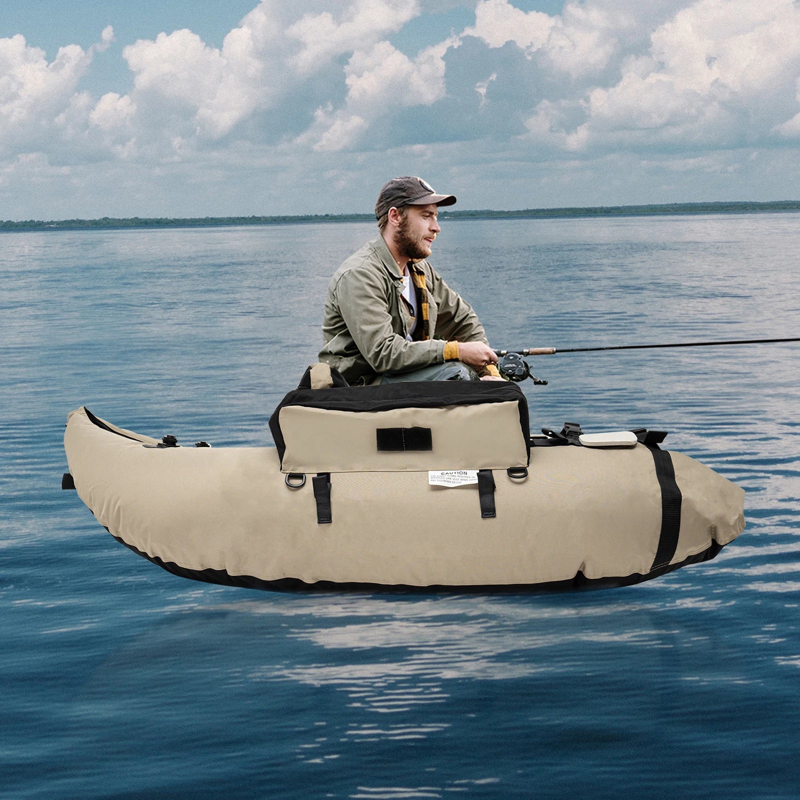 Outdoor Inflatable Fishing Boat Khaki Portable Fishing Raft 286.6LBS Load 90-180° Adjustable Backrest for Ocean/River Fishing