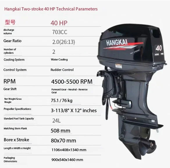 Hangkai 40HP Outboard Motor,2-Stroke Water Cooled Boat Engine,Marine Petrol Motor, for Inflatable Fishing Boat,Speed Boat,703cc