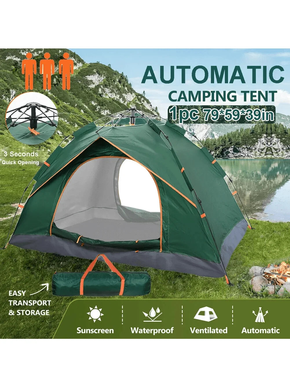 2-3 Person Instant Pop-Up Camping Tent – UV Protection, Waterproof 600D Oxford with Reflective Mylar for Beach, Hiking & Travel