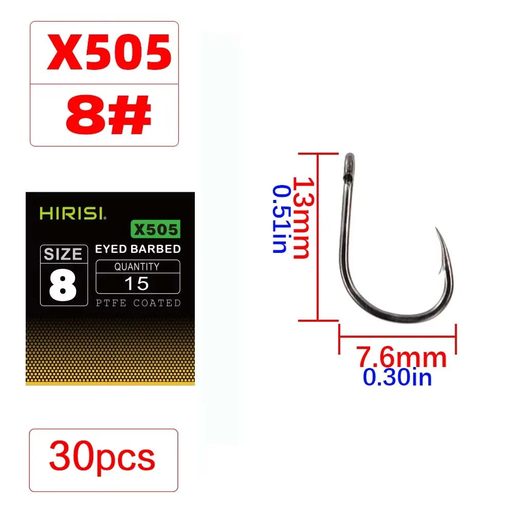 Hirisi X505 PTFE-Coated High Carbon Steel Barbed Carp Hooks – Long Shank, Sizes