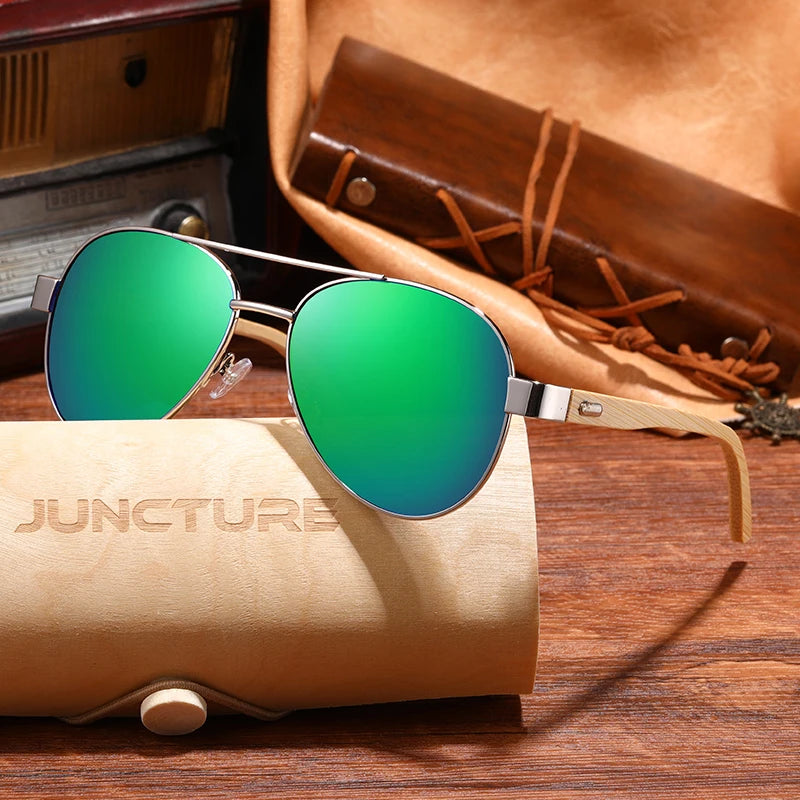 JUNCTURE KP1510 Wood & Metal Pilot Sunglasses – Mirror UV400, Unisex