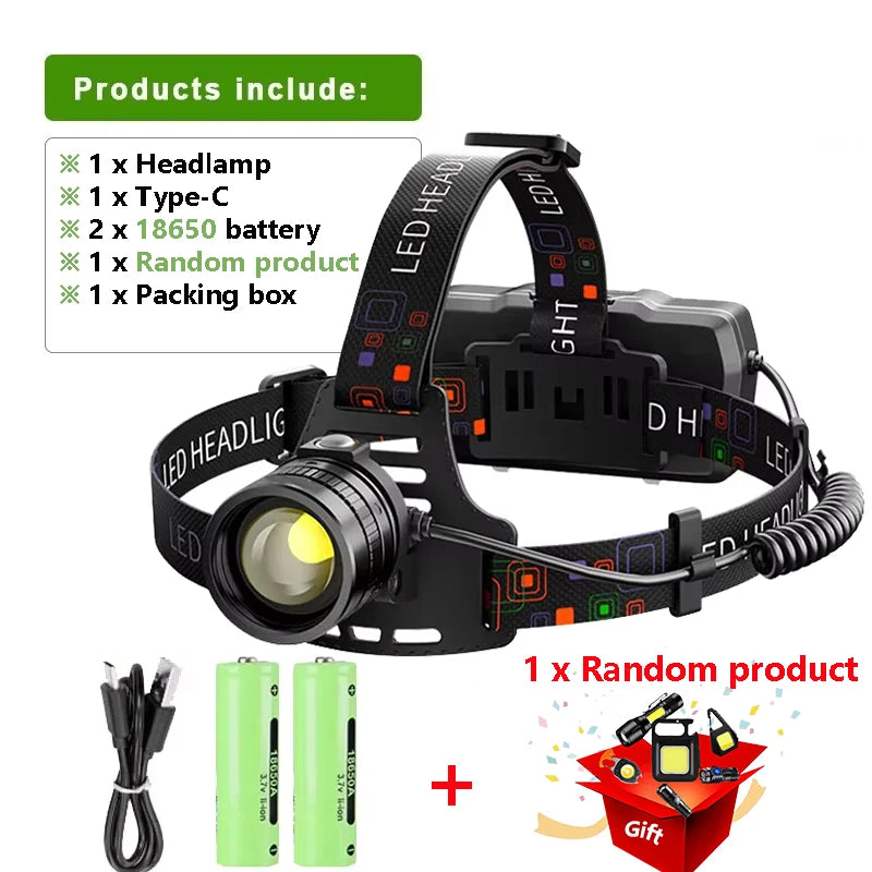 Rechargeable LED Headlamp 1000000LM Head LED Front Flashlight Most Powerful Long Range Headlight Outdoor Fishing Camping Lights