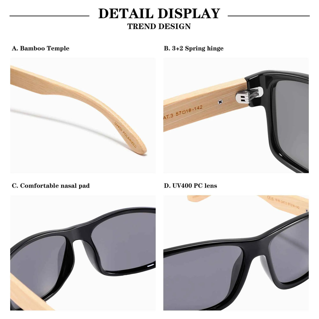 CONCHEN 1618 Bamboo Sunglasses – Eco-Friendly, Polarized, UV400, Unisex