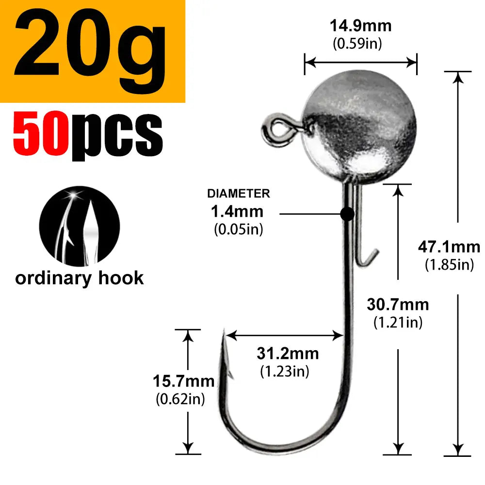 Round Ball Jig Heads – 50 Pack | Weedless Barbed Hook | 1g–20g | Bass, Crappie & Trout