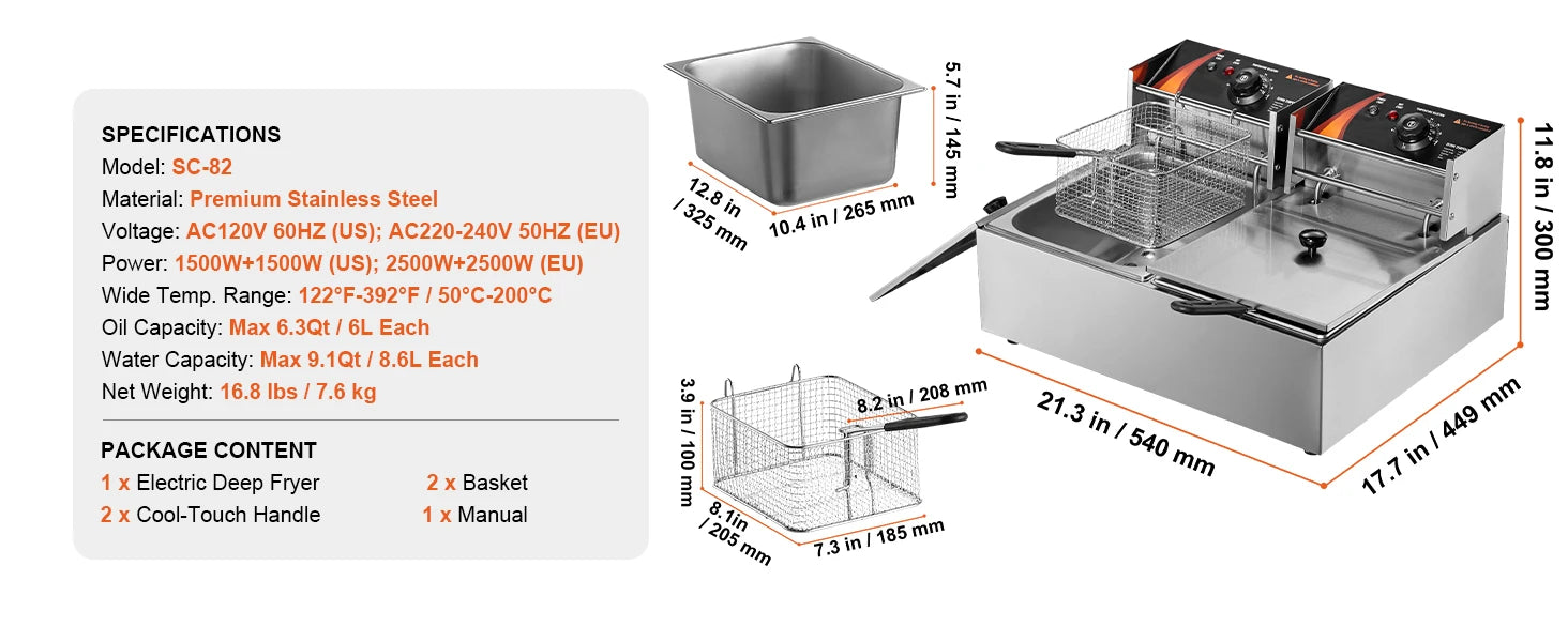 SucceBuy 12L Electric Deep Fryer w/Dual Removable Tanks Commercial Countertop Fryer for Chicken French Fries Frying Chips