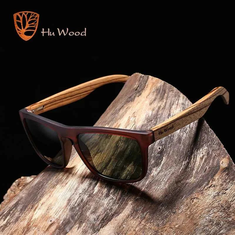 HU WOOD 8002 Zebra Wood Sunglasses – Polarized Mirror, UV400, Tall Rectangle, Unisex