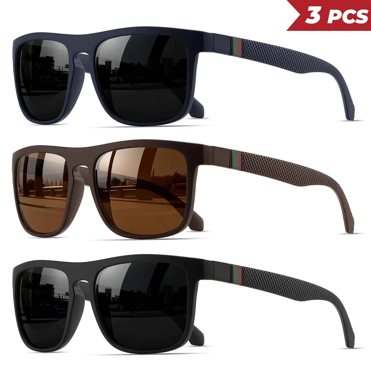 3-Pack Retro Polarized Sunglasses – Stripe Temples, Mirror UV400, Square, Unisex