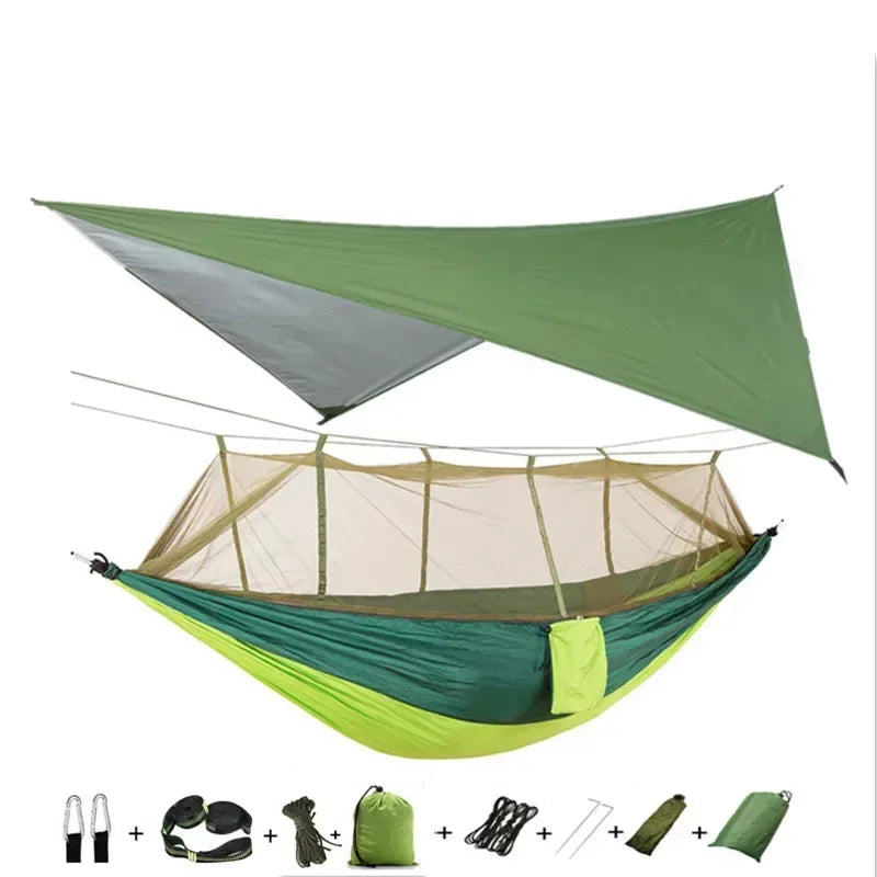 Double Camping Hammock with Mosquito Net, Rain Fly & Tree Straps – 2 Person | 210T Nylon | 600 lb | 3000mm Rainfly