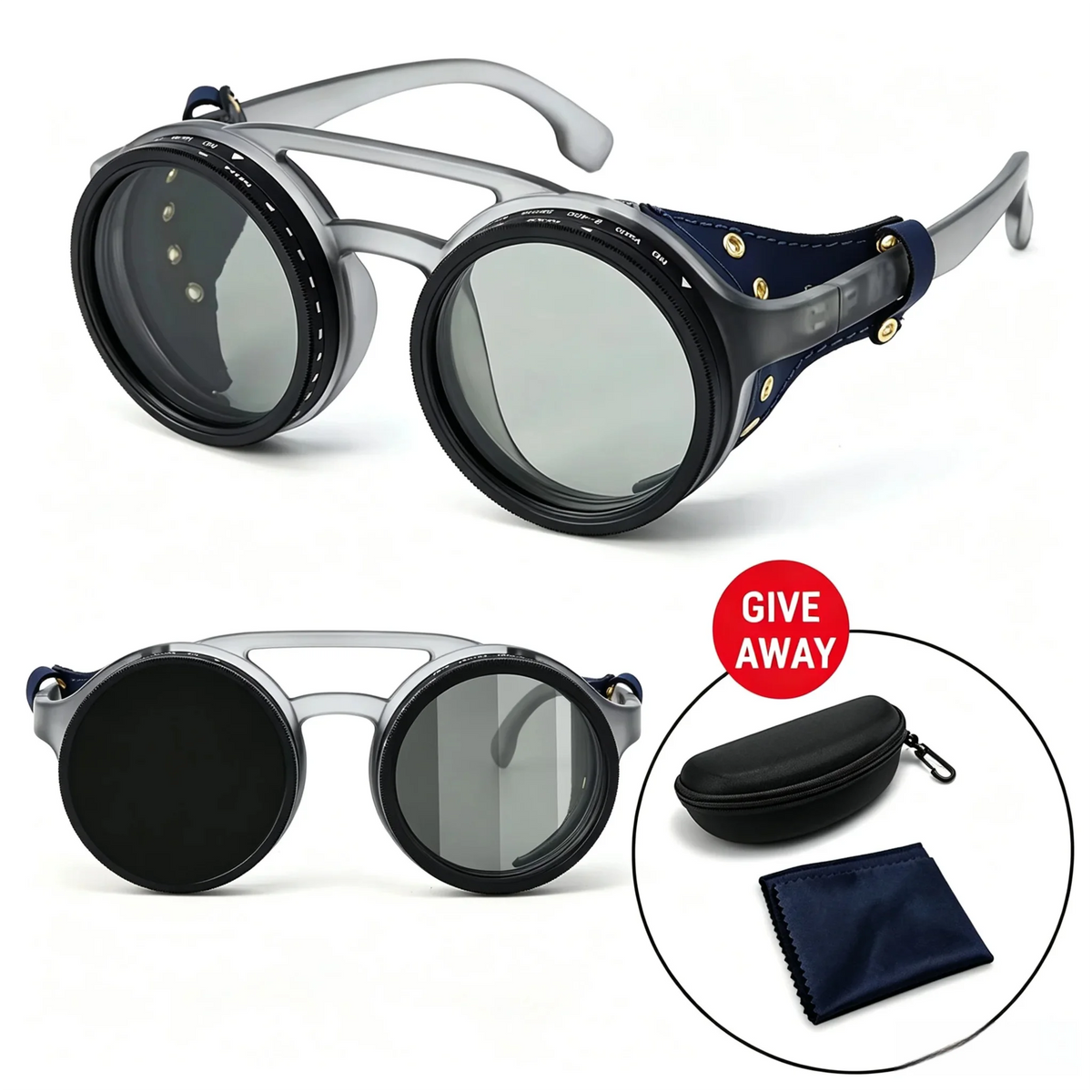 lafforgue ND9 Adjustable Dimming Steampunk Sunglasses – 9-Level ND Filter, Leather Side Shields, UV400, Unisex