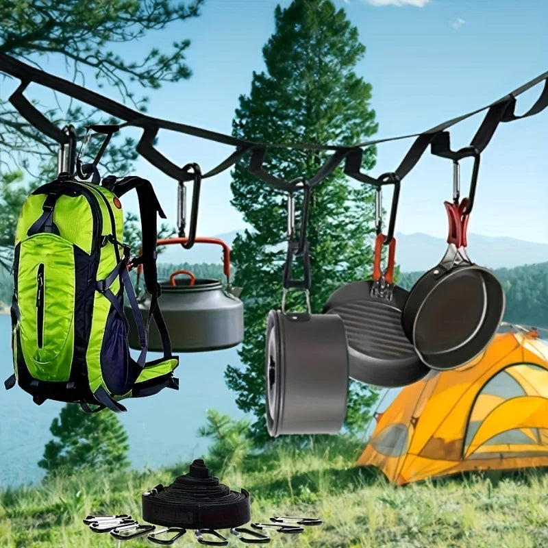 Campsite Storage Strap with 19 Hooks for Hanging Camping Equipment, Durable Campground Organizer