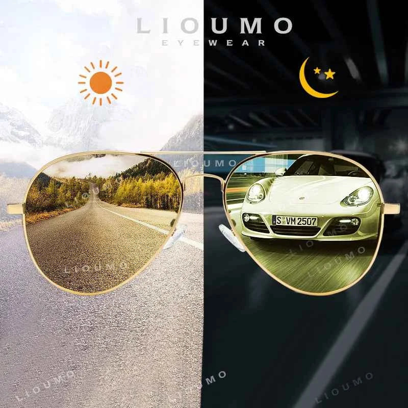 LIOUMO GL3025 Photochromic Pilot Sunglasses – Polarized, Day-Night, UV400, Unisex