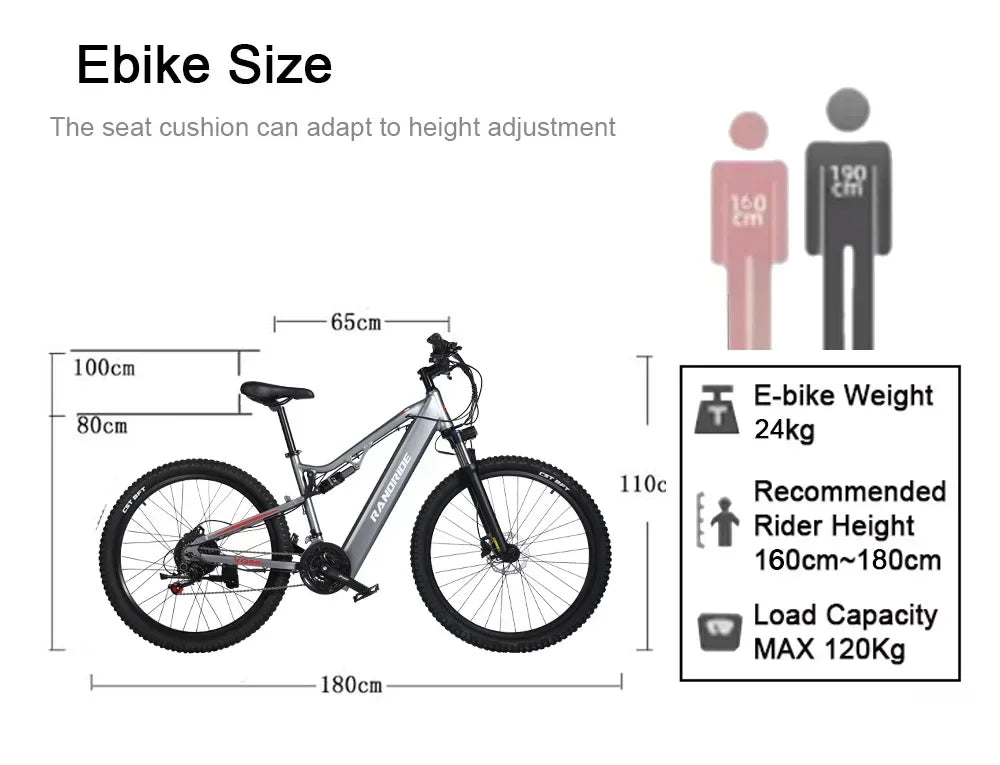 Electric Bicycle RANDRIDE YG90 1000W 48V17AH Hydraulic Brake E-bike with Full Suspension 21 Gears Shift Free Rack Electric bike
