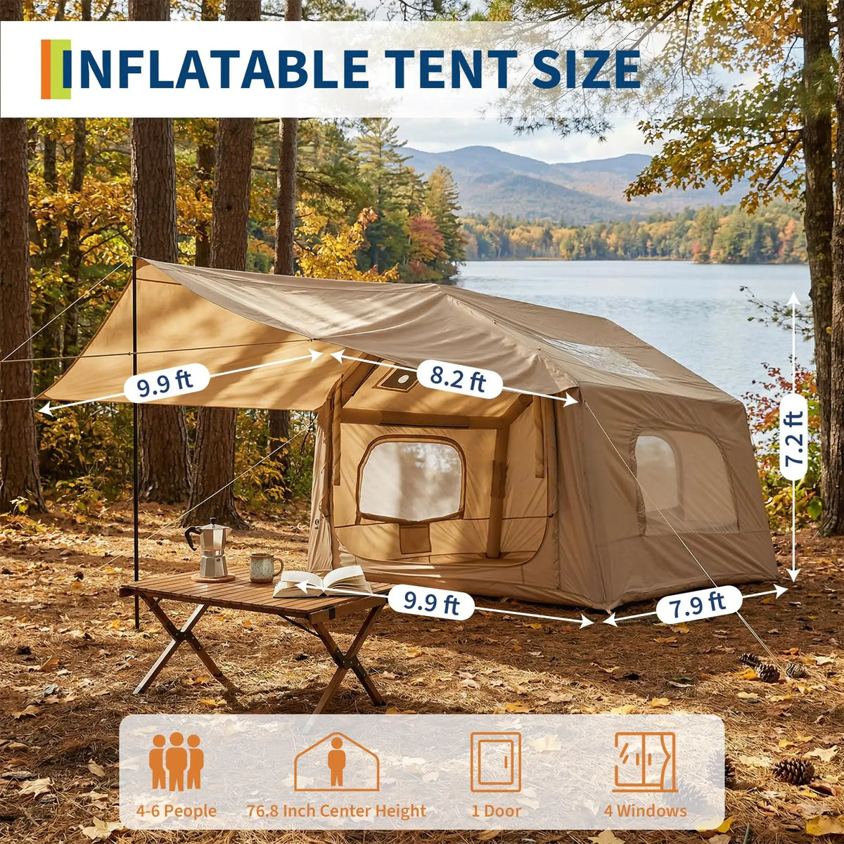 Spacious Inflatable Camping Tent – 6-8 Person, Quick Setup Air Pole System, Skylight & Canopy